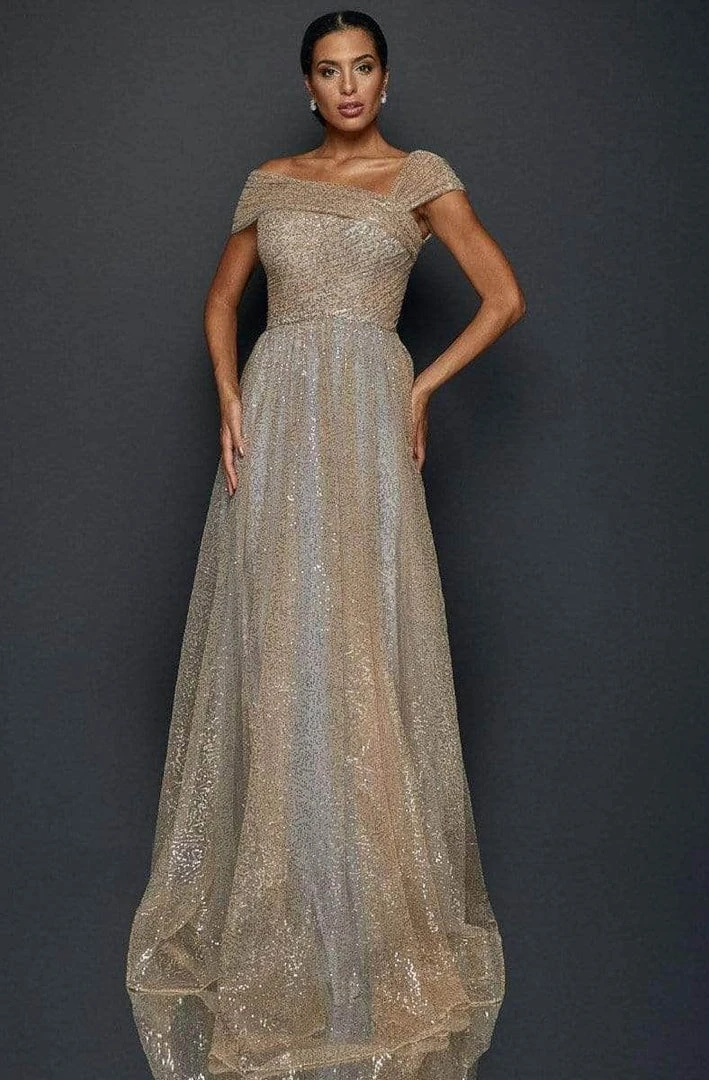 Terani Couture - Asymmetric Sequin Evening Gown 1922E0212 - 1 Pc Gold Silver In Size 2 Available Formal Gowns 3 Terani Couture - Asymmetric Sequin Evening Gown 1922E0212 - 1 Pc Gold Silver In Size 2 Available Formal Gowns
