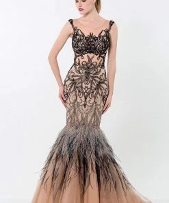 Formal Gowns Terani Couture - Baroque Illusion Mermaid Gown With Feather Fringes 1521GL0767A
