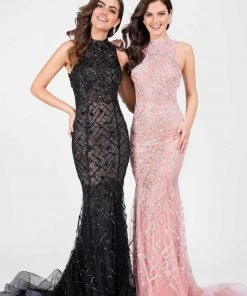 Terani Couture - Beautiful Beaded Pattern Mock Neck Mermaid Gown 1712P2494 Formal Gowns