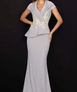 Terani Couture - Cap Sleeve Surplice Collar Appliqued Gown 2011M2135