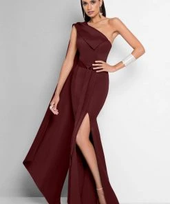 Terani Couture Cascading Paneled Asymmetrical Long Gown 1812E6296X - 1 Pc Wine In Size 10 Available