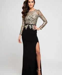 Terani Couture - Embroidered Long Sleeves Evening Gown 1723E4290 - 1 Pc Black/Gold/Nude In Size 6 Available Formal Gowns