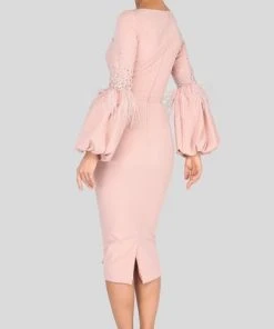 Terani Couture - Feather-Fringe Sleeve Plunging Sheath Dress 1912C9643 - 1 Pc Blush In Size 20 Available