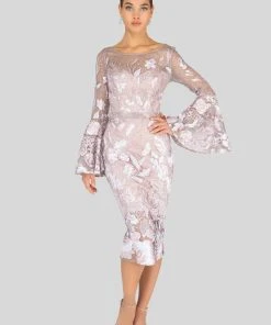 Cocktail Dresses Terani Couture - Long Bell Sleeve Embroidered Lace Dress 1913C9065 - 1 Pc Blush In Size 6 Available