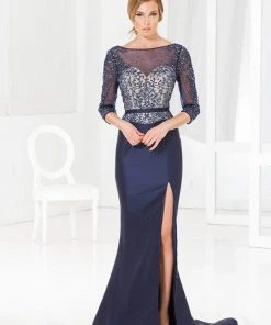 Terani Couture - M3847 Beaded Quarter Length Sleeves Trumpet Gown