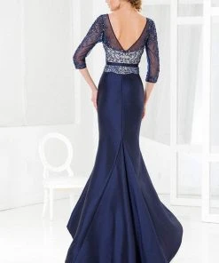 Terani Couture - M3847 Beaded Quarter Length Sleeves Trumpet Gown