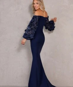 Formal Gowns Terani Couture - Off Shoulder Floral Accent Puff Sleeves Gown 1911E9128