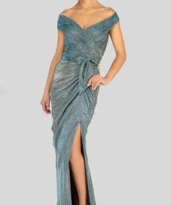 Terani Couture - Off Shoulder Shirred Metallic Gown 1911M9344 - 1 Pc. Gunmetal Silver In Size 12 Available Formal Gowns