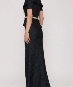 Terani Couture - Off Shoulder V Neck Beaded Belt Sheath Gown 1921M0727 Formal Gowns
