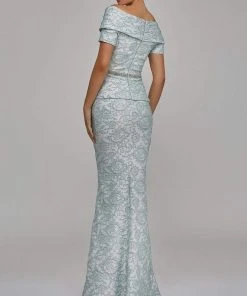 Terani Couture - Off Shoulder V Neck Beaded Belt Sheath Gown 1921M0727 Formal Gowns