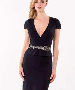 Terani Couture - Sculpted V-Neck Sheath Gown With Peplum Detail 1521C0232A Cocktail Dresses