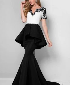 Terani Couture - Short-sleeve Peplum Mermaid Gown 1712M3421 Formal Gowns