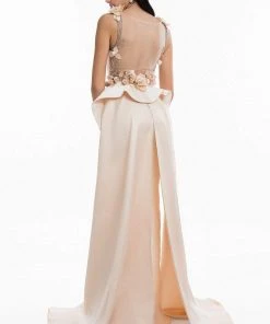 Terani Couture - Split Tail Floral Appliqued Mermaid Gown 1821E7122 - 1 Pc Taupe Silver In Size 12 Available