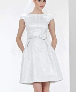 Theia - 881242 Cap Sleeve Bateau Jacquard Bridal Dress Cocktail Dresses