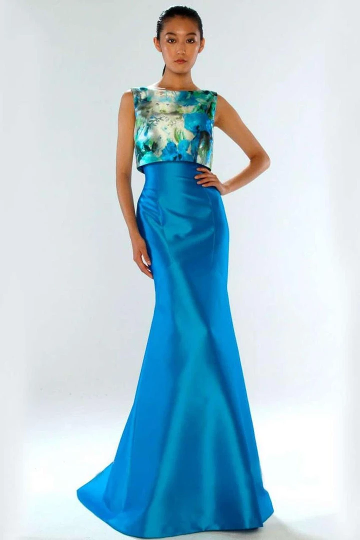 Theia - 882334 Floral Printed Pop Over Mikado Evening Dress Formal Gowns 3 Theia - 882334 Floral Printed Pop Over Mikado Evening Dress Formal Gowns