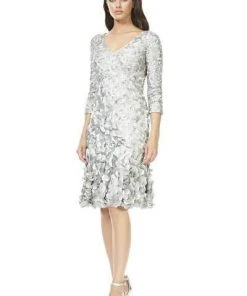 Theia - Quarter Sleeve Petal Ornate A-Line Cocktail Dress 883099 - 1 Pc Mist In Size 6 Available Cocktail Dresses