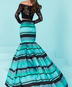 Formal Gowns Tiffany Designs - 16201 Two-Piece Off Shoulder Striped Mermaid Gown