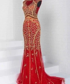 Tiffany Designs - 16276 Cap Sleeve Gilt Beaded Illusion Trumpet Gown