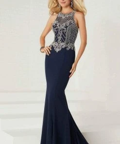 Formal Gowns Tiffany Designs - 16293 Embellished Illusion Halter Jersey Dress
