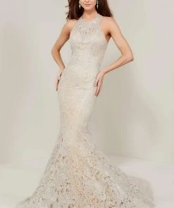 Tiffany Designs - 16329 Metallic Embroidered Halter Mermaid Dress