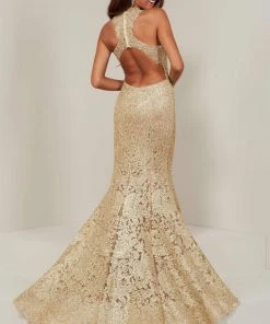 Tiffany Designs - 16329 Metallic Embroidered Halter Mermaid Dress