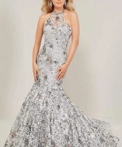 Formal Gowns Tiffany Designs - 16366 Floral Sequined Illusion Halter Mermaid Gown