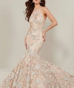 Formal Gowns Tiffany Designs - 16366 Floral Sequined Illusion Halter Mermaid Gown