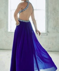 Formal Gowns Tiffany Designs - 46028 Crystal Crusted Halter Long Evening Gown With Cutouts