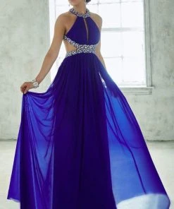 Formal Gowns Tiffany Designs - 46028 Crystal Crusted Halter Long Evening Gown With Cutouts