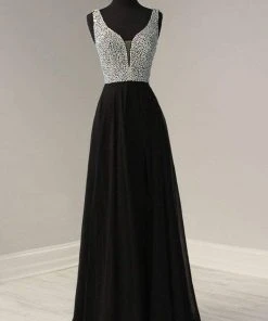 Tiffany Designs - 46171 Embellished Deep V-neck Chiffon A-line Dress