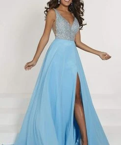 Tiffany Designs - 46171 Embellished Deep V-neck Chiffon A-line Dress