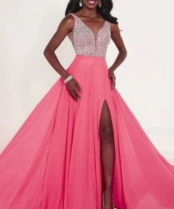 Tiffany Designs - 46171 Embellished Deep V-neck Chiffon A-line Dress