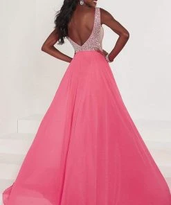 Tiffany Designs - 46171 Embellished Deep V-neck Chiffon A-line Dress