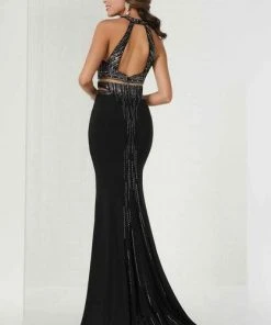 Tiffany Designs - Beaded Halter Jersey Sheath Dress 46144 - 1 Pc Black In Size 6 Available