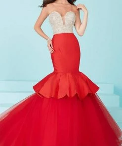 Tiffany Designs - Captivating Rhinestone And Crystal Beaded Deep Sweetheart Mermaid Dress 16217 - 1 Pc Champagne/Red In Size 4 Available Formal Gowns