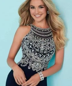 Formal Gowns Tiffany Designs - Illusion Halter Crystal Encrusted Sheath Dress 16204 - 1 Pc Silver In Size 0 Available