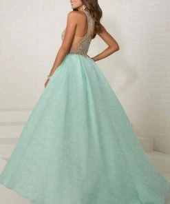 Tiffany Designs - Jeweled Illusion Halter Brocade Ballgown 16289 - 1 Pc Nude/Aqua In Size 4 Available