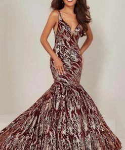 Tiffany Designs - Sequined Trumpet Prom Dress 16361 - 1 Pc Wine/Gold In Size 10 Available