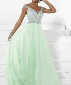 Tiffany Designs - Sequined V-Neck Evening Gown 16085 - 1 Pc Neon Orange In Size 4 Available