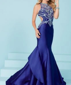 Tiffany Homecoming - 16245 Extravagant Beaded Illusion Neck Mermaid Dress 1 Pc Gunmetal/AB In Size 4 Available Formal Gowns