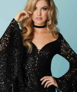 Tiffany Homecoming - 27194 Bell Long Sleeves Plunging Cocktail Dress