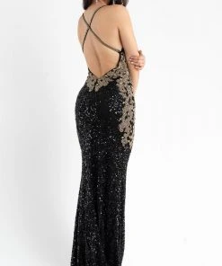 Primavera Couture - 3765 Unique Style Contrasting Sequins V Neckline Evening Gown
