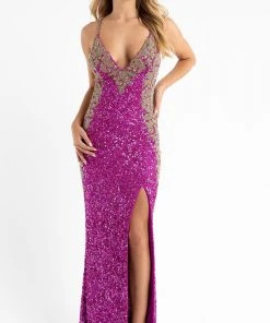 Primavera Couture - 3765 Unique Style Contrasting Sequins V Neckline Evening Gown