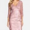 Adrianna Papell 12245620 V-Neck Lace Bodice Tiered Sheath Mini Dress - 1 Pc. Ash Rose In Size 6 Available