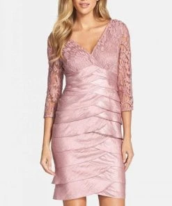 Adrianna Papell 12245620 V-Neck Lace Bodice Tiered Sheath Mini Dress - 1 Pc. Ash Rose In Size 6 Available