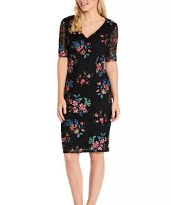Adrianna Papell - AP1D102954 Floral Embroidered V-neck Sheath Dress