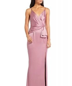 Adrianna Papell - AP1E204704 Pleated V-neck Satin Sheath Dress 10 Adrianna Papell - AP1E204704 Pleated V-neck Satin Sheath Dress