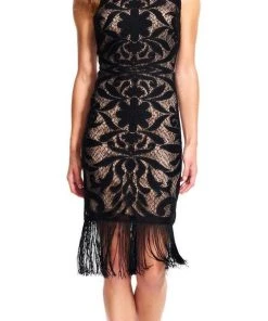 Adrianna Papell - Fringe Hemmed Lace Ornate Dress AP1D100060
