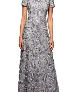 Alex Evenings - 112788 Soutache Lace Sequin Short Sleeve A-Line Gown