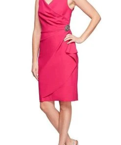 Alex Evenings - 134005 Faux Surplice Fitted Dress With Jewel Accent